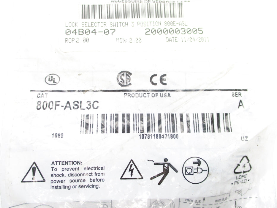 ALLEN BRADLEY 800F-ASL3C SER. A NSMP