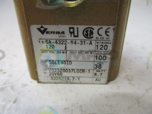 VERSA SA-4322-84-31-A120 SOLENOID VALVE (AS PICTURED) *USED*
