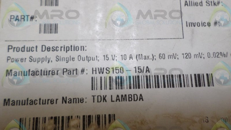 TDK LAMBDA HWS150-15/A POWER SUPPLY *NEW IN BOX*