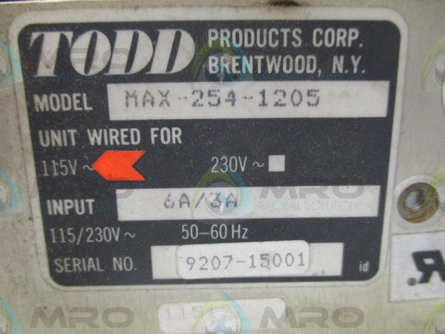TODD PRODUCTS MAX-254-1205 POWER SUPPLY 115V *USED*