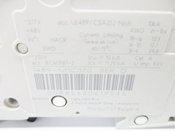 ALLEN BRADLEY 1489-M1C070 SER. D 7A 277V NSNP