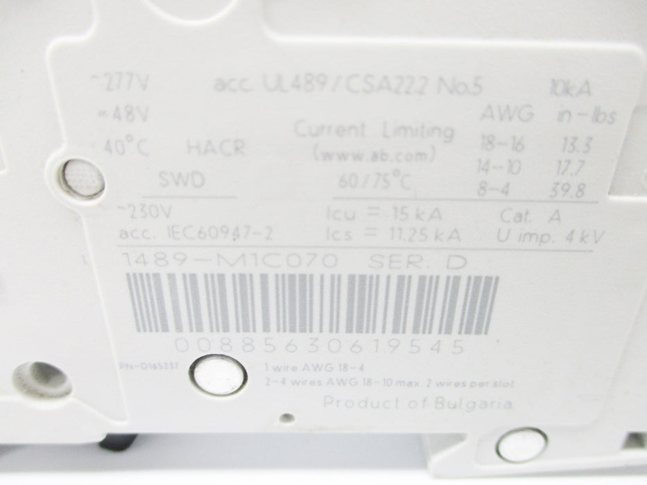ALLEN BRADLEY 1489-M1C070 SER. D 7A 277V NSNP