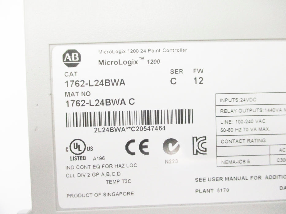 ALLEN BRADLEY 1762-L24BWA SER. C F/W 12 NSNP