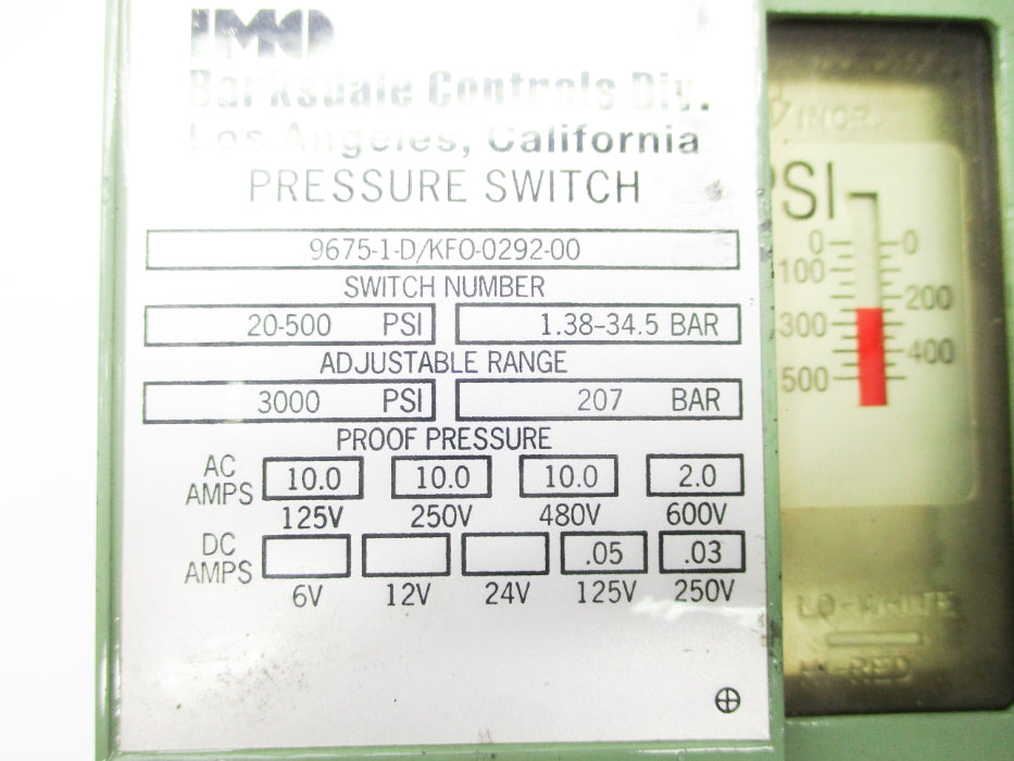 BARKSDALE CONTROLS 9675-1-D/KFO-0292-00 20-3000PSI UNMP
