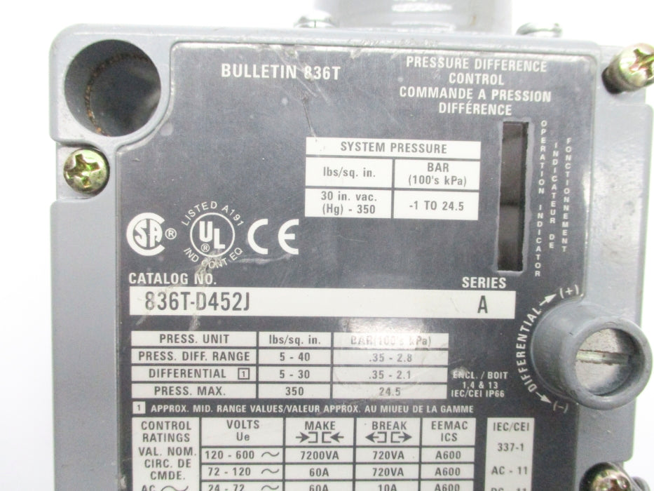 ALLEN BRADLEY 836T-D452J SER. A 5-40PSI UNMP