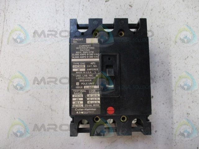 CUTLER HAMMER EHC3020 CIRCUIT BREAKER 20A *USED*