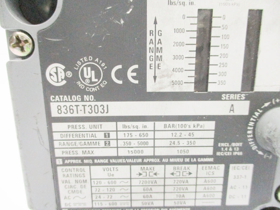 ALLEN BRADLEY 836T-T303J SER. A 175-650PSI UNMP