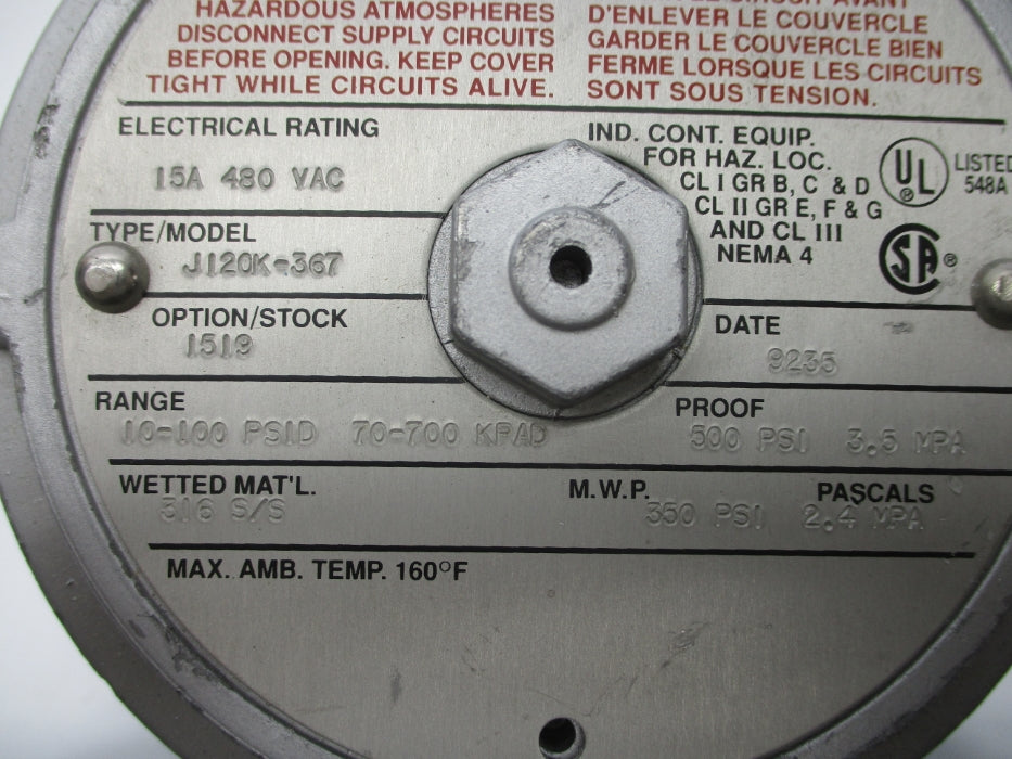 UNITED ELECTRIC J120K-367 10-100PSID UNMP