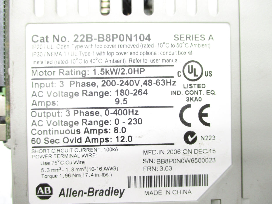 ALLEN BRADLEY 22B-B8P0N104 SER. A F/W 3.03 UNMP