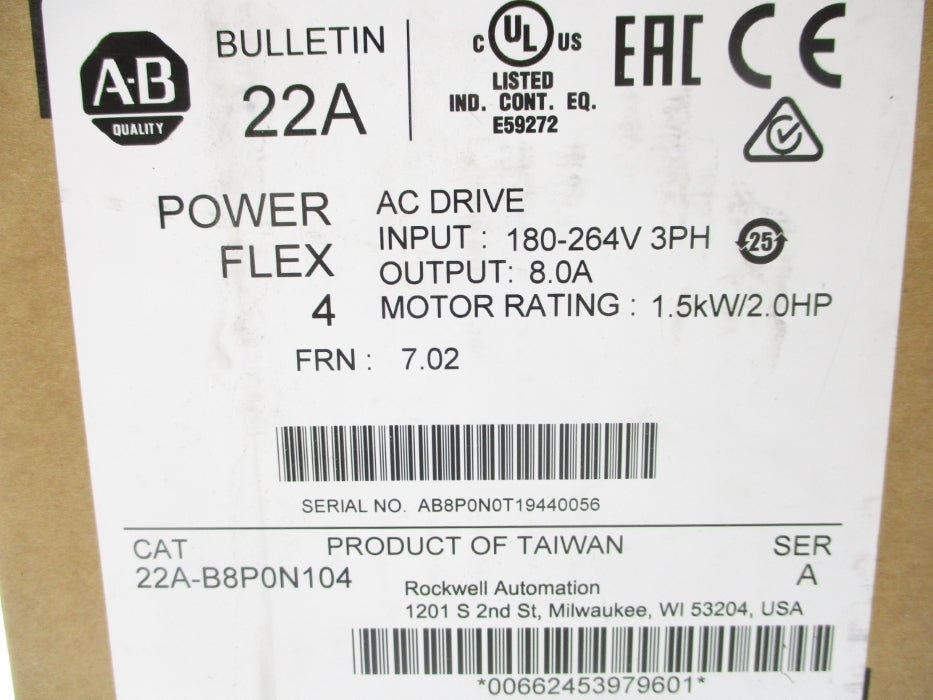 ALLEN BRADLEY 22A-B8P0N104 SER. A F/W 7.02 NSMP