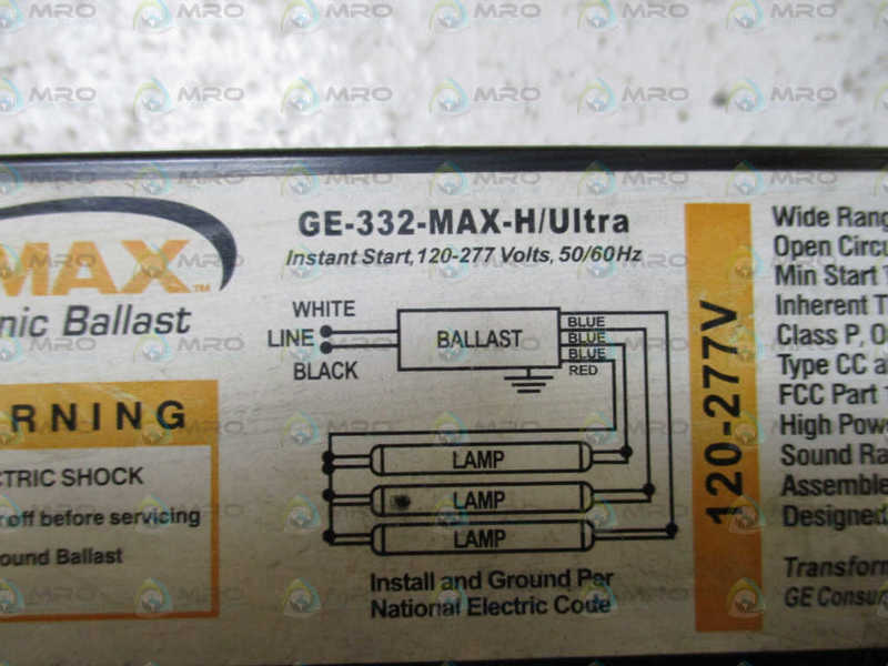 GENERAL ELECTRIC GE-332-MAX-H/ULTRA ELECTRONIC BALLAST (AS PICTURED) *USED*