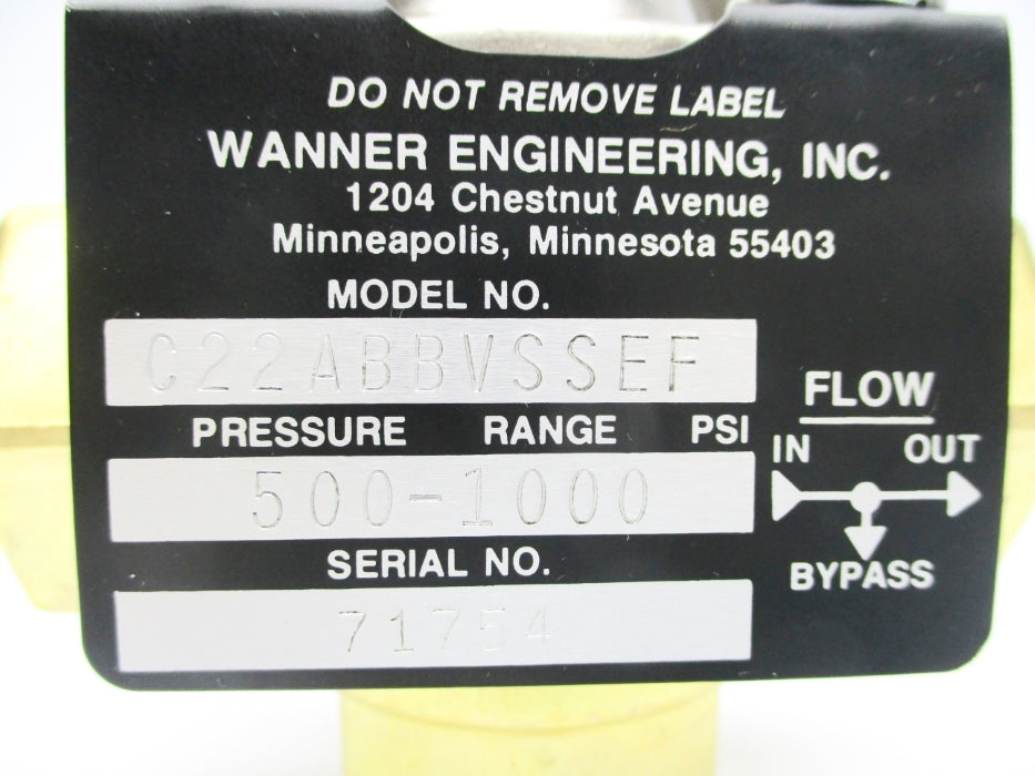 WARNER ENGINEERING C22ABBVSSEF 500-1000PSI NSNP