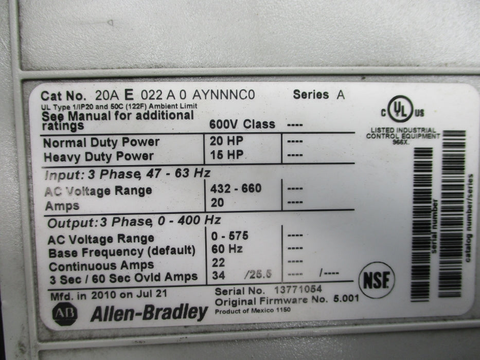 ALLEN BRADLEY 20AE022A0AYNNNC0 SER. A UNMP