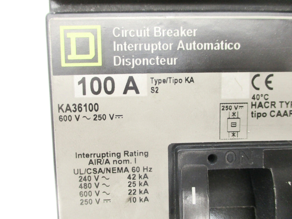 SQUARE D KA36100 SER. S2 100A 600V UNMP