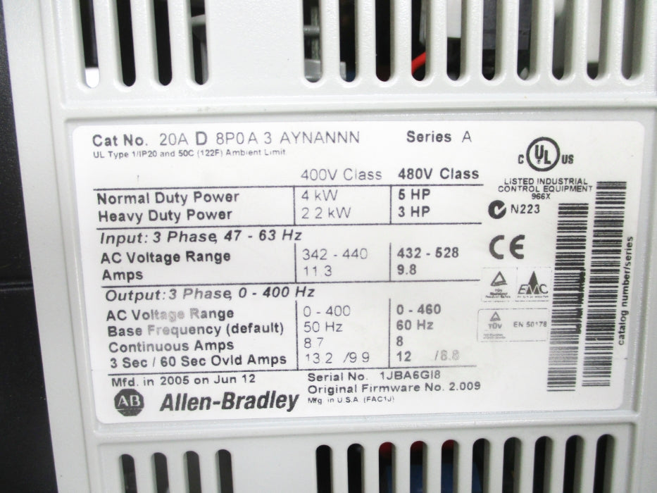 ALLEN BRADLEY 20AD8P0A3AYNANNN SER. A F/W 2.009 (AS PICTURED) NSNP