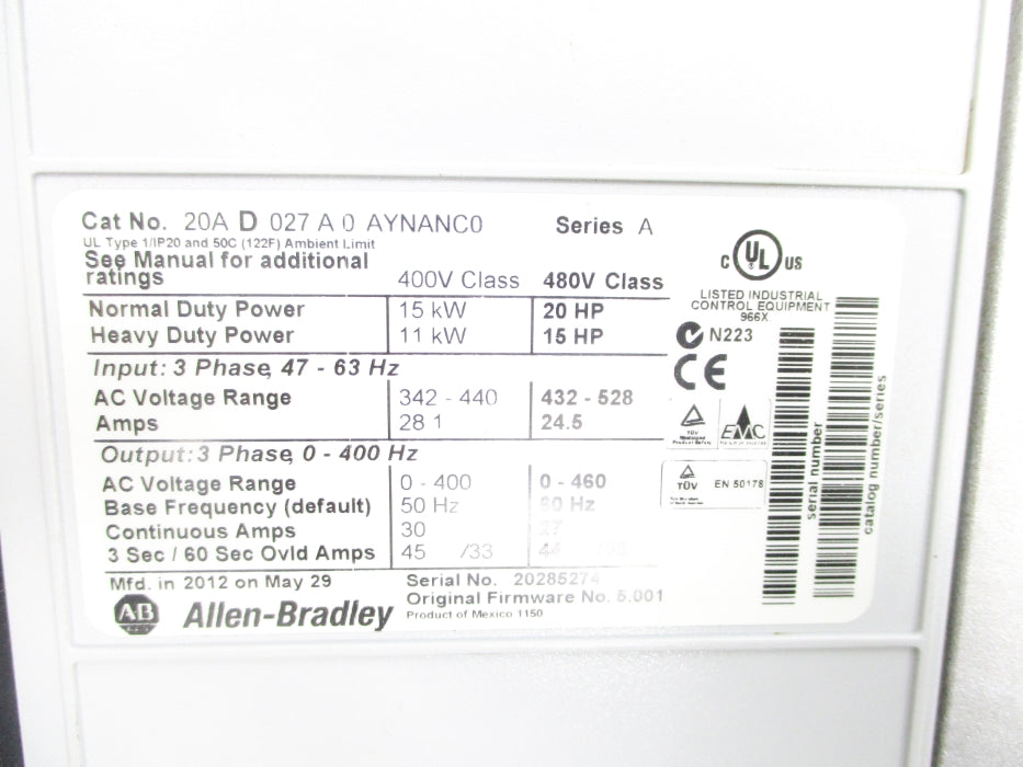 ALLEN BRADLEY 20AD027A0AYNANC0 SER. A F/W 5.001 (AS PICTURED) UNMP