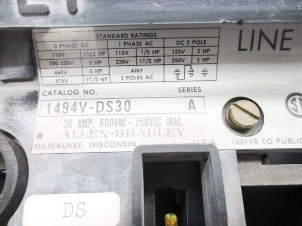 ALLEN BRADLEY 1494V-DS30 SER. A 600VAC 30A (AS PICTURED1) NSNP