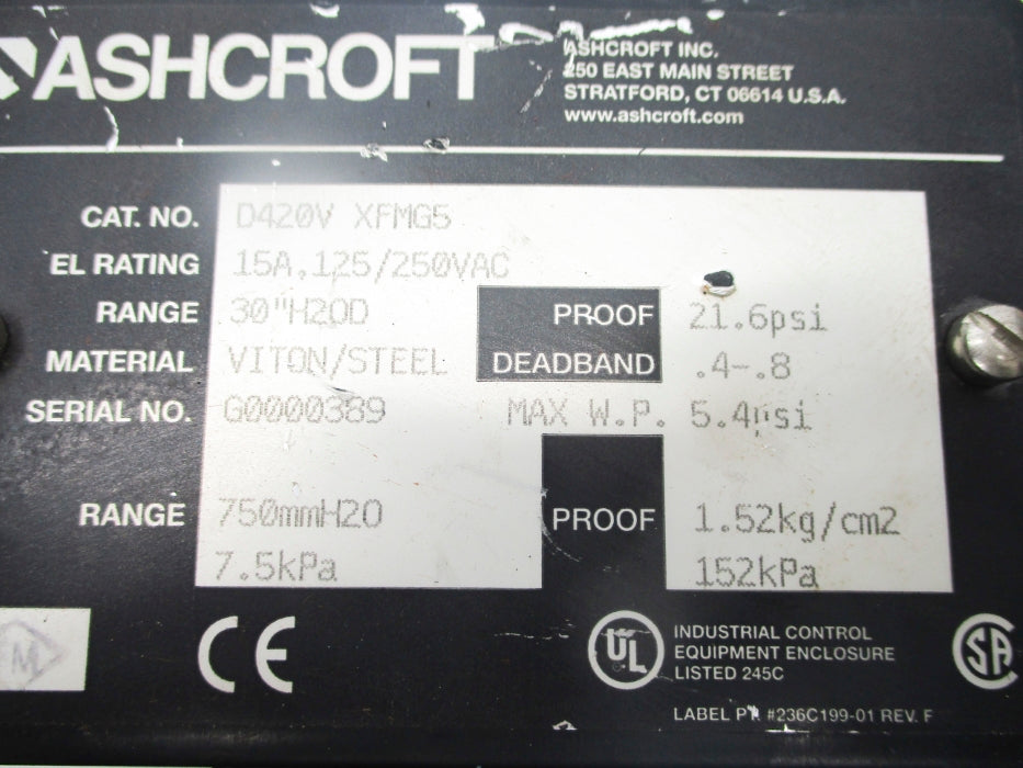 ASHCROFT D420VXFMG5 21.6PSI 30"H2OD NSNP