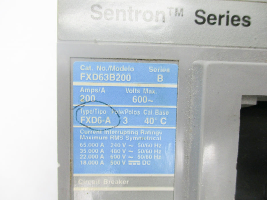 SIEMENS FXD63B200 SER. B 200A 600VAC UNMP