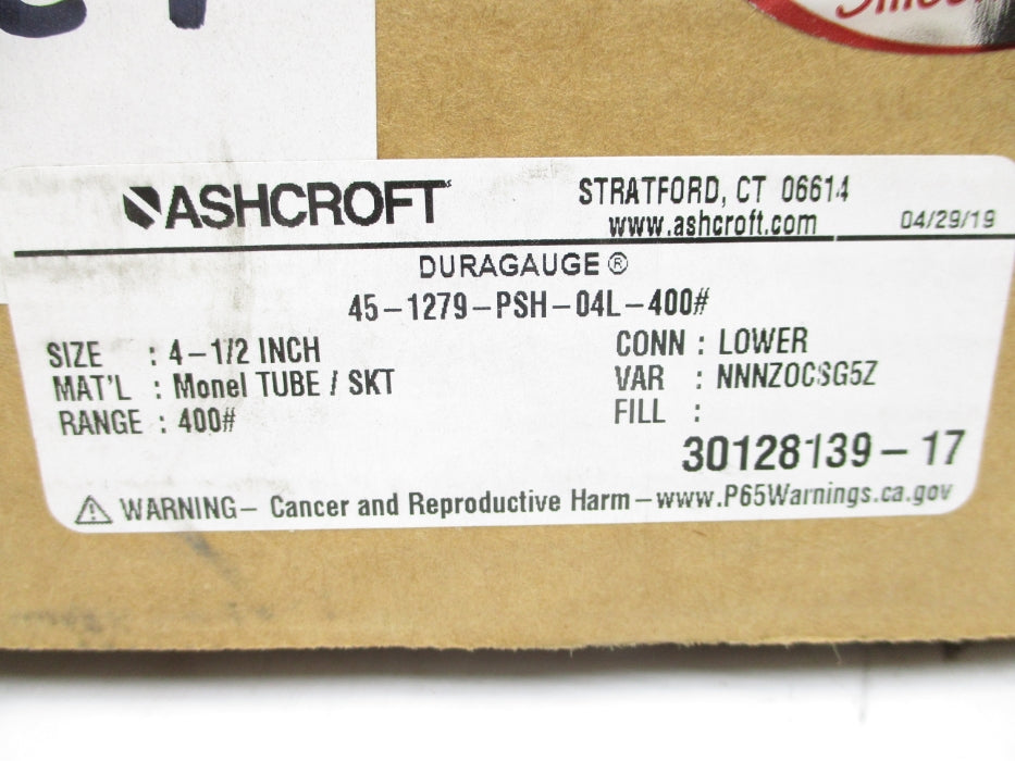 ASHCROFT 45-1279-PSH-04L-400# 0-400PSI NSMP