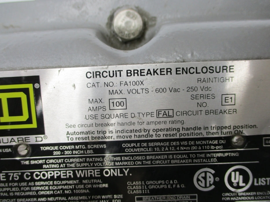 SQUARE D FA100X SER. E1 100A 600VAC NSNP