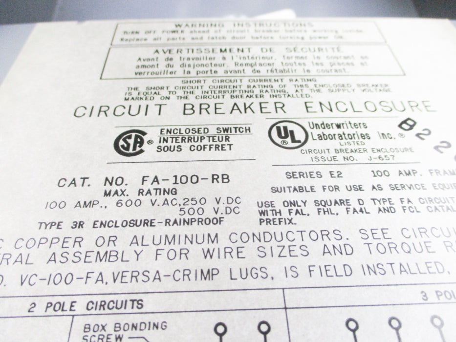 SQUARE D FA-100-RB SER. E2 NSNP