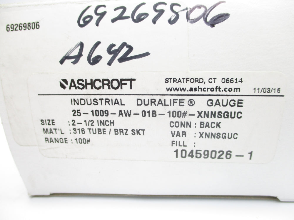 ASHCROFT 25-1009-AW-01B-100#-XNNSGUC 0-100PSI NSMP
