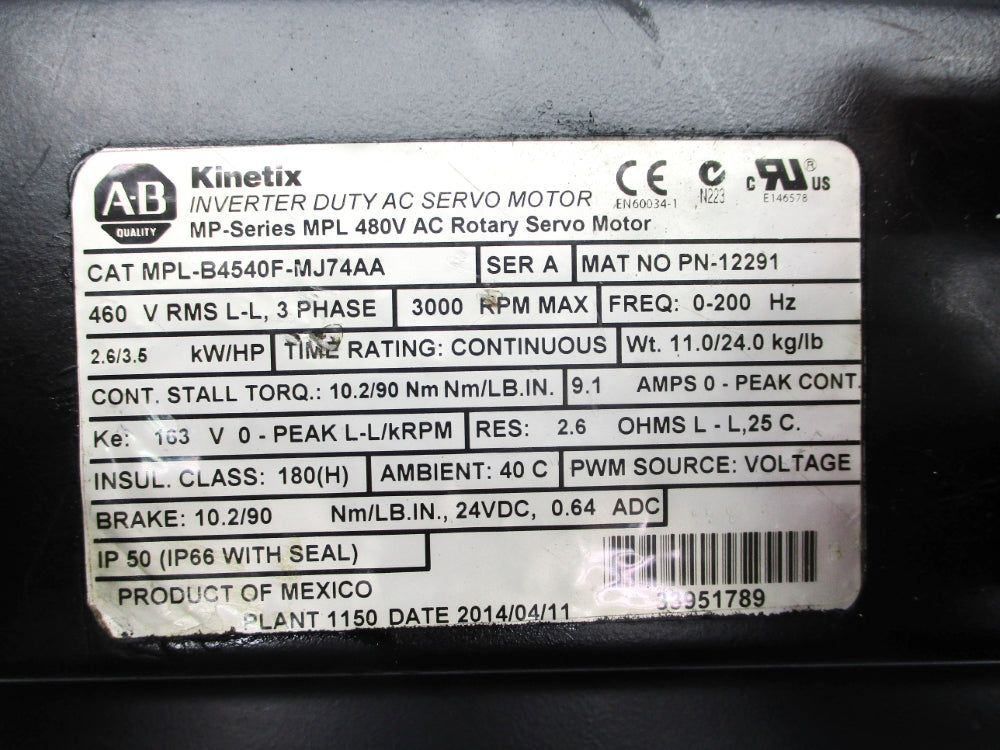 ALLEN BRADLEY MPL-B4540F-MJ74AA SER. A NSNP