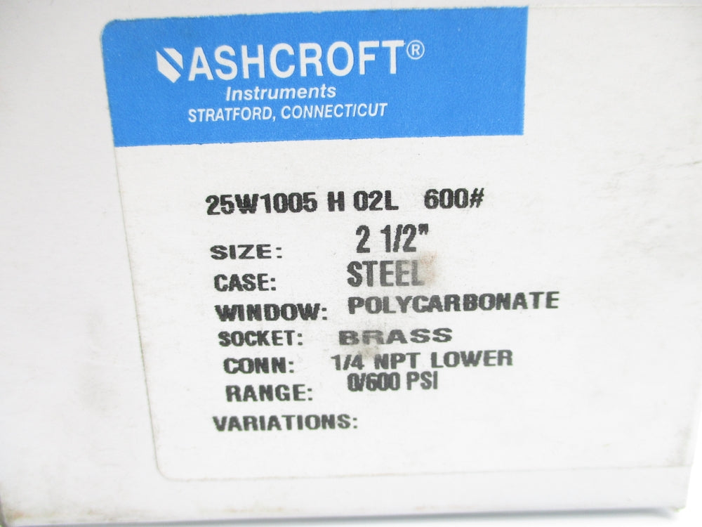ASHCROFT 25W1005H02L600# 0-600PSI 2-1/2" NSMP