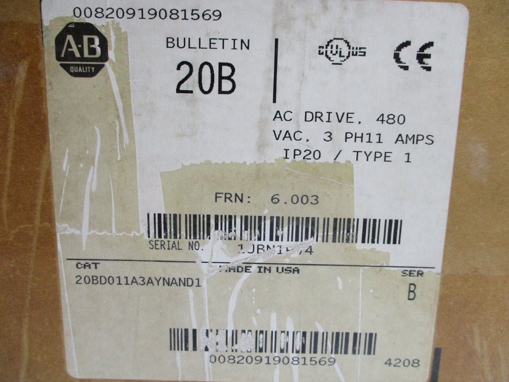 ALLEN BRADLEY 20BD011A3AYNAND1 SER. B F/W 6.003 (BR/WH) NSMP