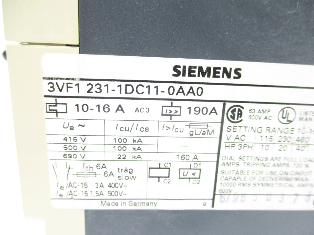 SIEMENS 3VF1231-1DC11-0AA0 10-16A NSNP