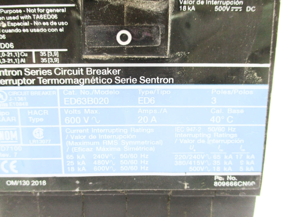 SIEMENS ED63B020 20A 600V UNMP