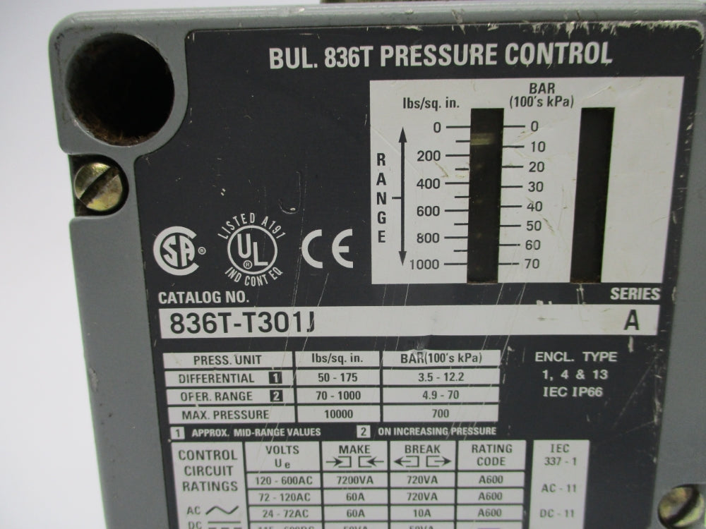 ALLEN BRADLEY 836T-T301J SER. A 70-1000PSI UNMP