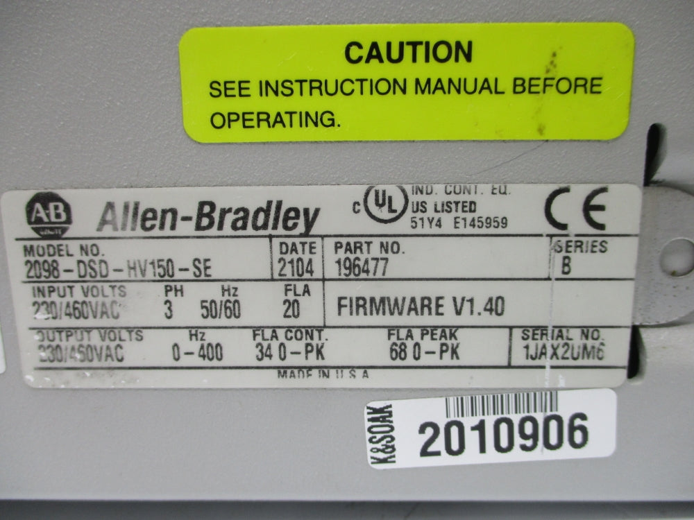 ALLEN BRADLEY 2098-DSD-HV150-SE SER. B F/W V1.40 UNMP