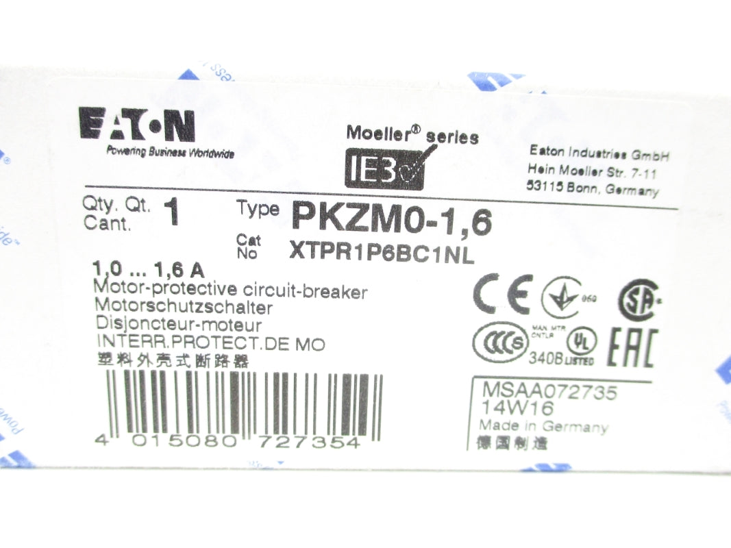 EATON PKZM0-1,6 XTPR1P6BC1NL 1.0-1.6A NSMP