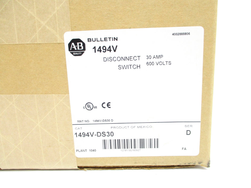 ALLEN BRADLEY 1494V-DS30 SER. D 600V 30A (BR/WH) NSFS