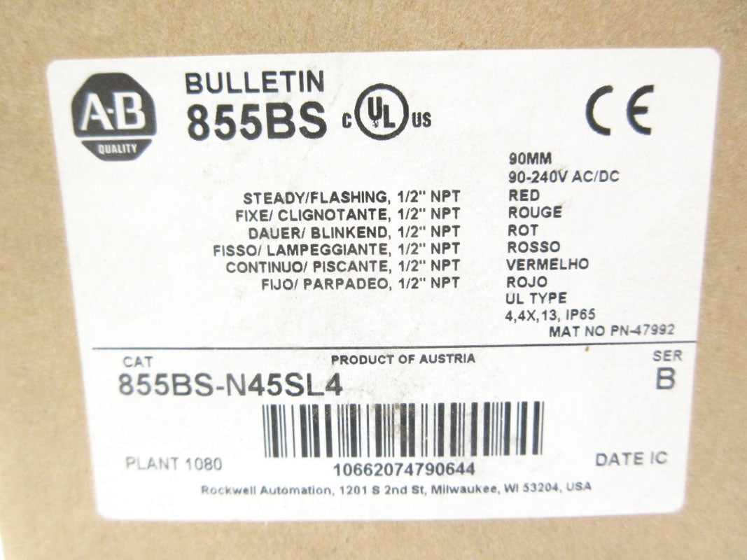 ALLEN BRADLEY 855BS-N45SL4 SER. B 90-240VAC/DC 1/2" (BR/WH) NSMP