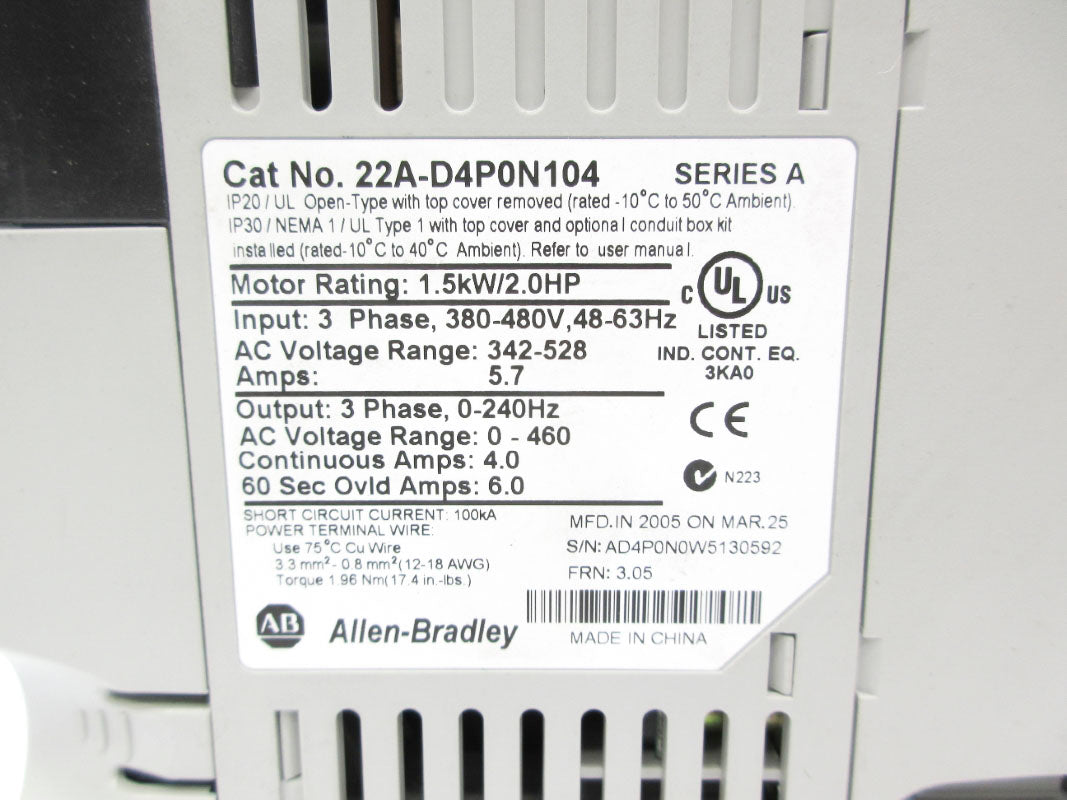 ALLEN BRADLEY 22A-D4P0N104 SER. A F/W 3.01 480V 5.7A NSNP