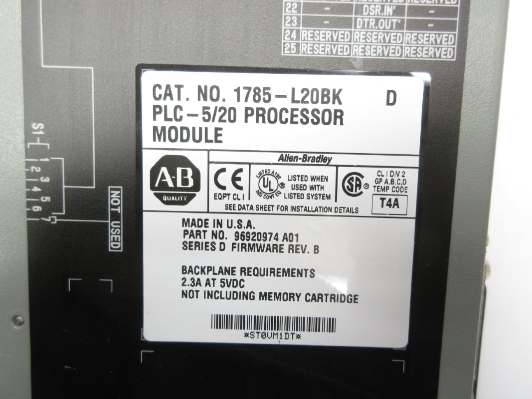 ALLEN BRADLEY 1785-L20BK SER. D F/W B 5VDC 2.3A (NO KEY) NSNP