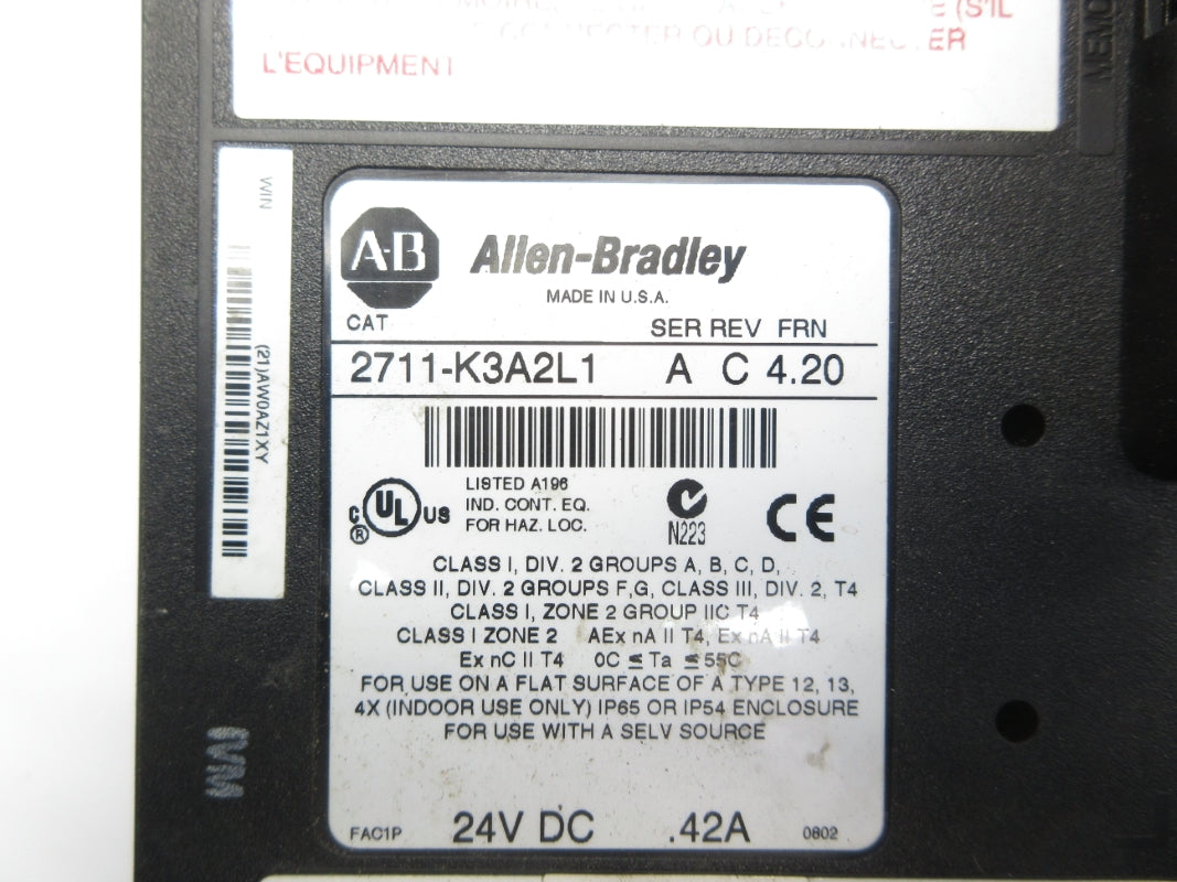 ALLEN BRADLEY 2711-K3A2L1 SER. A F/W 4.20 24VDC .42A UNMP