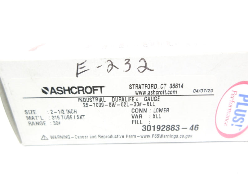 ASHCROFT 25-1009-SW-02L-30#-XLL 0-30PSI 2-1/2" NSMP