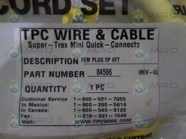 TPC SUPER-TREX 84506 QUICK-CONNECT CORDSET *NEW IN FACTORY BAG*