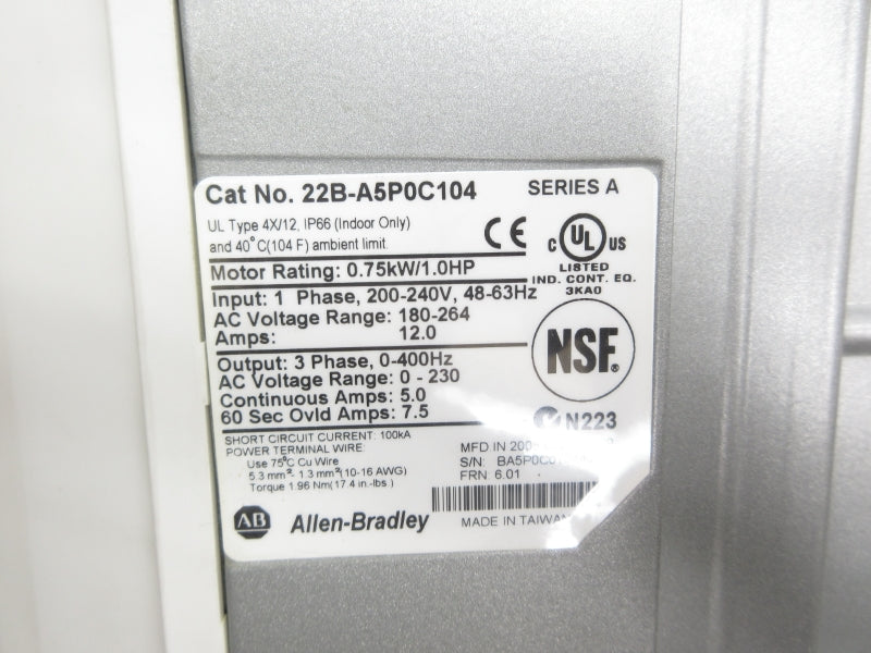 ALLEN BRADLEY 22B-A5P0C104 SER. A F/W 6.01 180-264VAC 12.0A NSNP