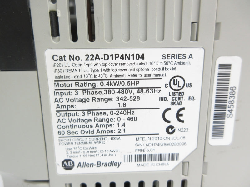 ALLEN BRADLEY 22A-D1P4N104 SER. A F/W 5.01 342-528V 1.8A NSNP