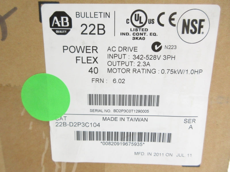 ALLEN BRADLEY 22B-D2P3C104 SER. A F/W 6.02 342-528V 2.3A NSMP