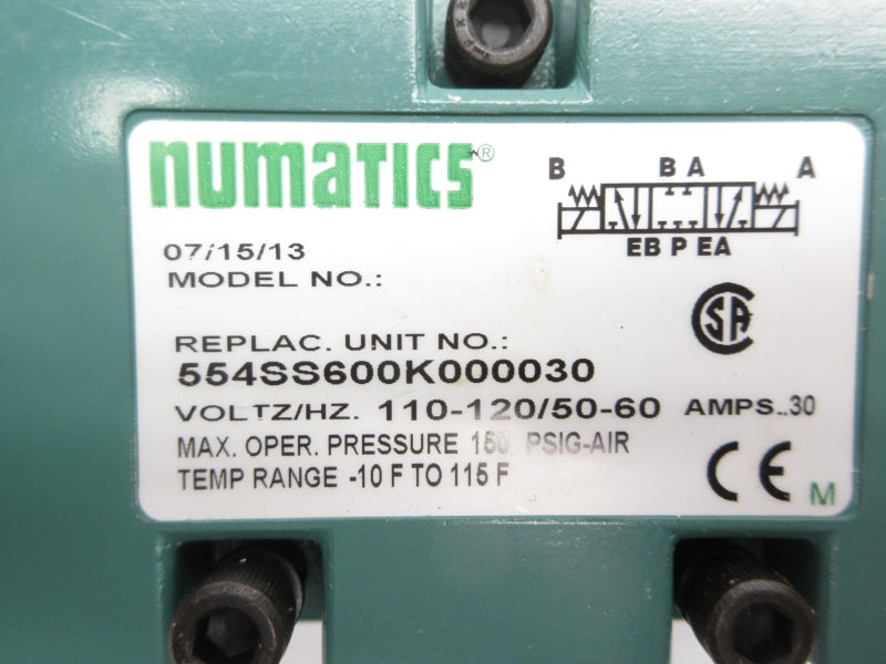 NUMATICS 554SS600K000030 110-120V 30A 150PSI -10-115'F NSNP