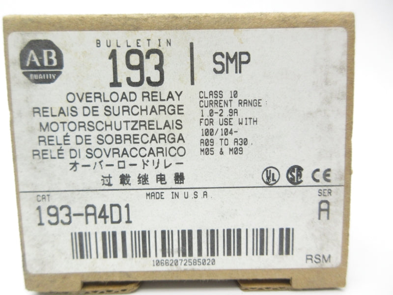 ALLEN BRADLEY 193-A4D1 SER. A 600V 1.0-2.9A (BR/WH) NSMP