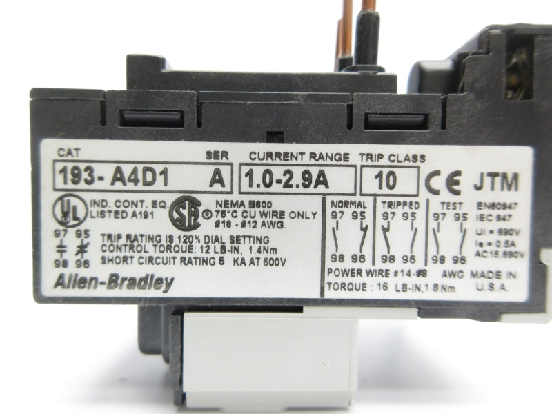 ALLEN BRADLEY 193-A4D1 SER. A 600V 1.0-2.9A NSNP