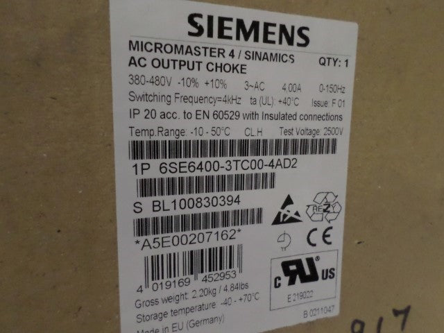 SIEMENS MICROMASTER 4 6SE6400-3TC00-4AD2 AC OUTPUT CHOKE *NEW IN BOX*