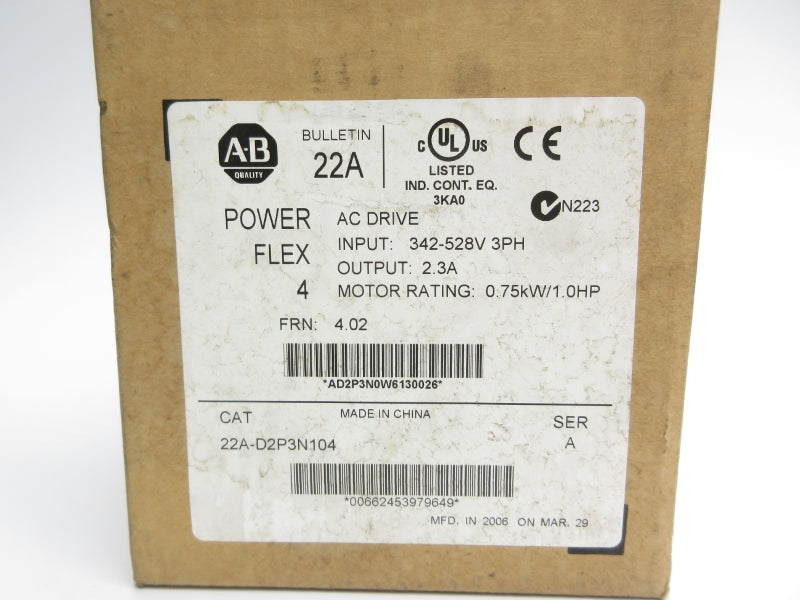 ALLEN BRADLEY 22A-D2P3N104 SER. A F/W 4.02 342-528VAC 3.2A UNMP
